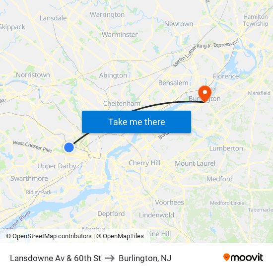 Lansdowne Av & 60th St to Burlington, NJ map