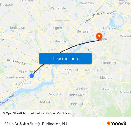 Main St & 4th St to Burlington, NJ map