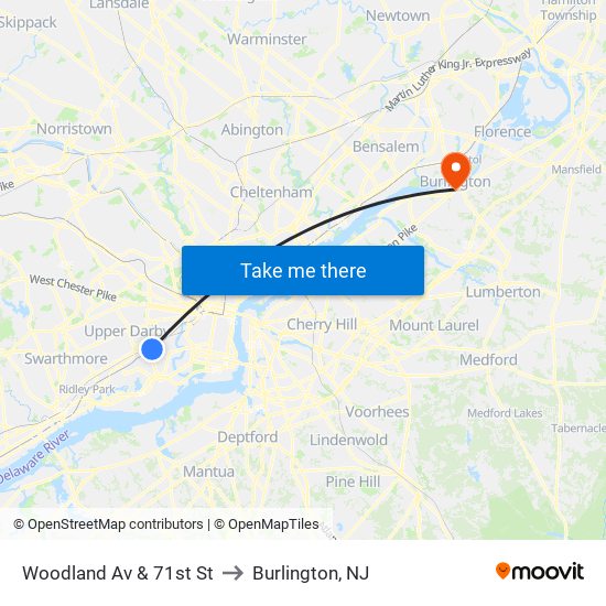 Woodland Av & 71st St to Burlington, NJ map