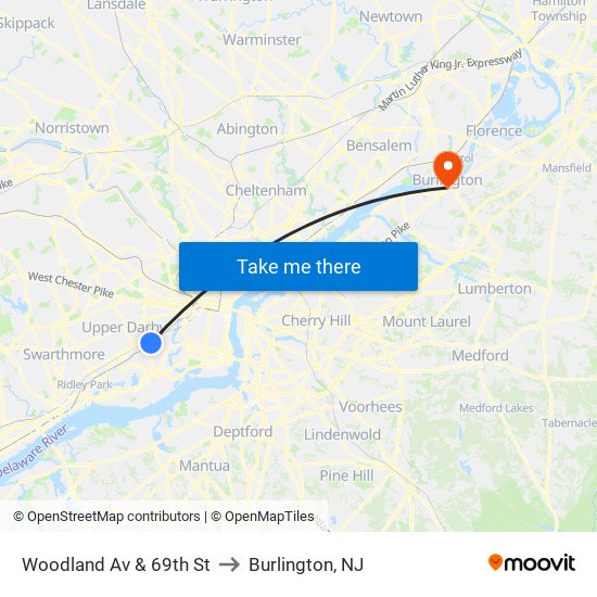 Woodland Av & 69th St to Burlington, NJ map