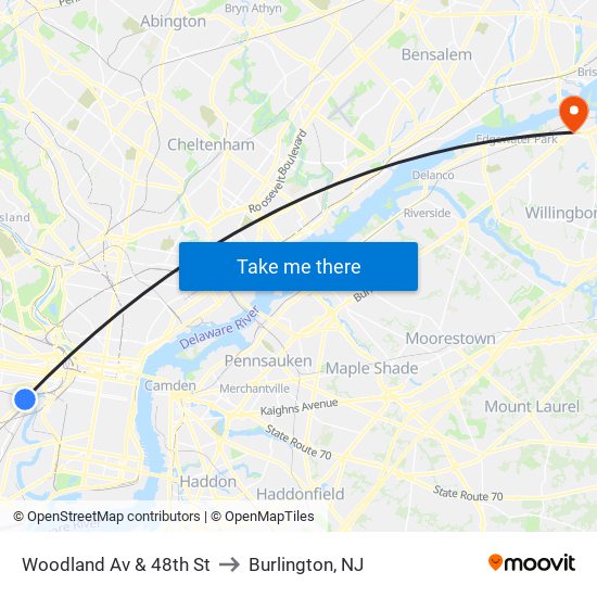 Woodland Av & 48th St to Burlington, NJ map