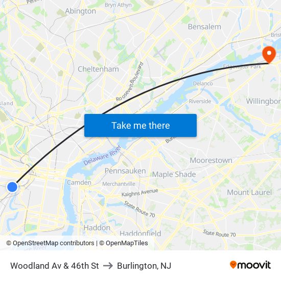 Woodland Av & 46th St to Burlington, NJ map