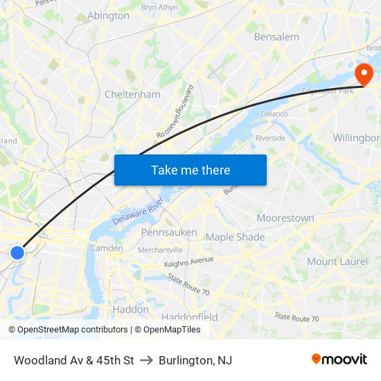 Woodland Av & 45th St to Burlington, NJ map
