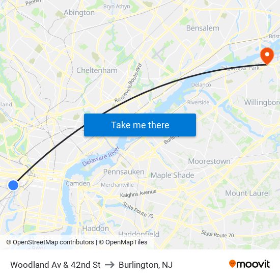Woodland Av & 42nd St to Burlington, NJ map