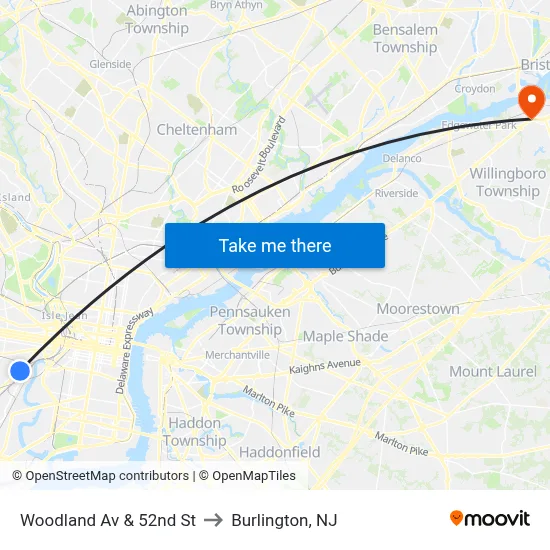 Woodland Av & 52nd St to Burlington, NJ map