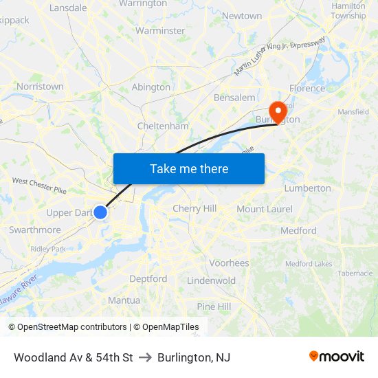 Woodland Av & 54th St to Burlington, NJ map