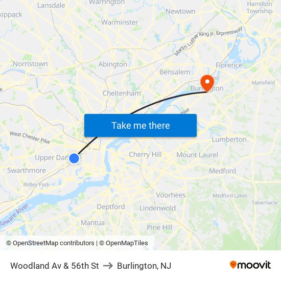 Woodland Av & 56th St to Burlington, NJ map