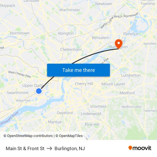 Main St & Front St to Burlington, NJ map