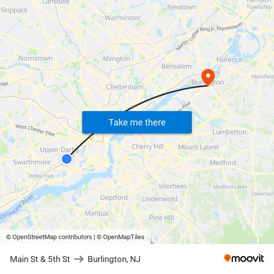 Main St & 5th St to Burlington, NJ map