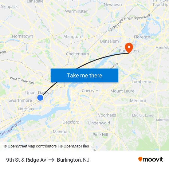 9th St & Ridge Av to Burlington, NJ map