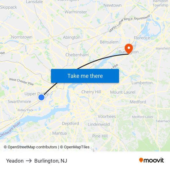 Yeadon to Burlington, NJ map