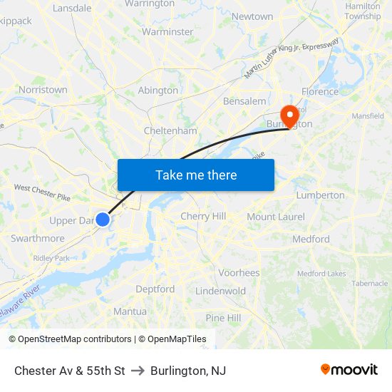 Chester Av & 55th St to Burlington, NJ map