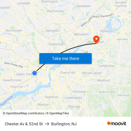 Chester Av & 52nd St to Burlington, NJ map
