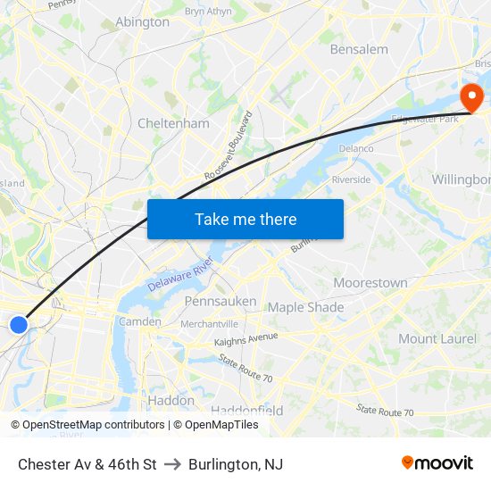 Chester Av & 46th St to Burlington, NJ map