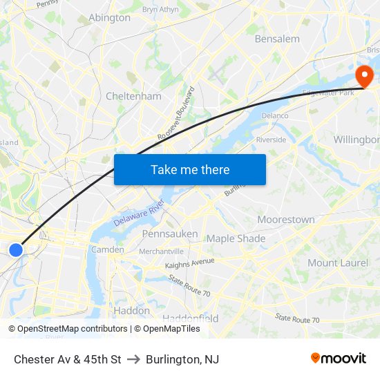 Chester Av & 45th St to Burlington, NJ map