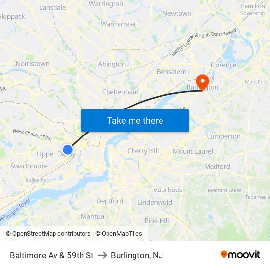 Baltimore Av & 59th St to Burlington, NJ map