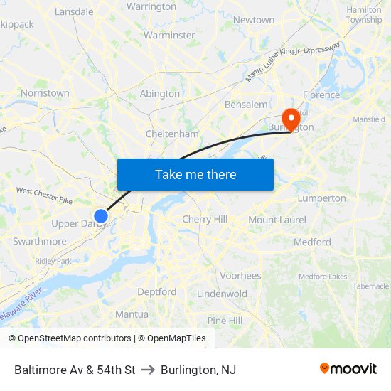 Baltimore Av & 54th St to Burlington, NJ map