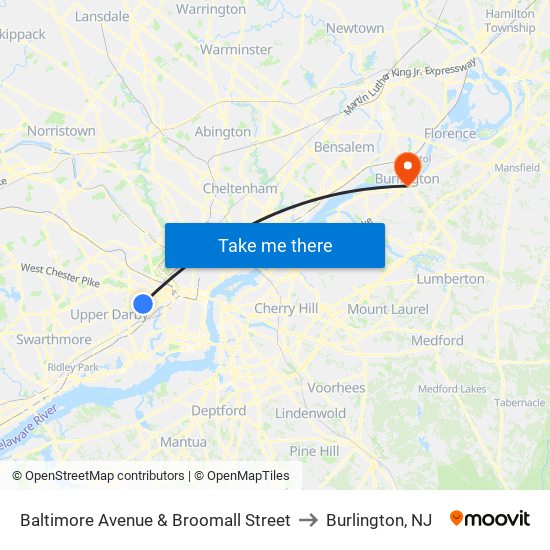 Baltimore Avenue & Broomall Street to Burlington, NJ map