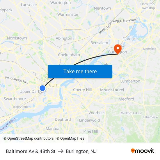 Baltimore Av & 48th St to Burlington, NJ map