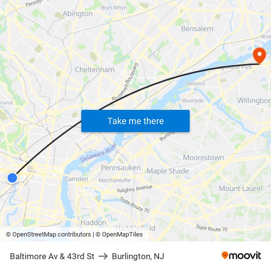 Baltimore Av & 43rd St to Burlington, NJ map