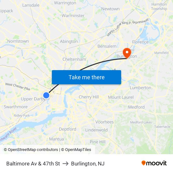 Baltimore Av & 47th St to Burlington, NJ map