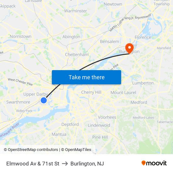 Elmwood Av & 71st St to Burlington, NJ map