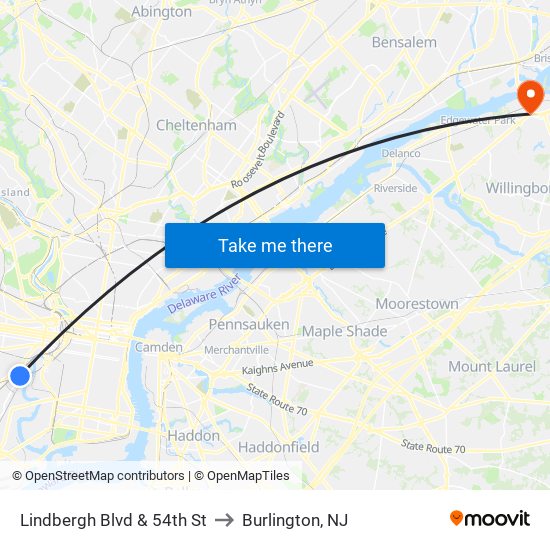 Lindbergh Blvd & 54th St to Burlington, NJ map