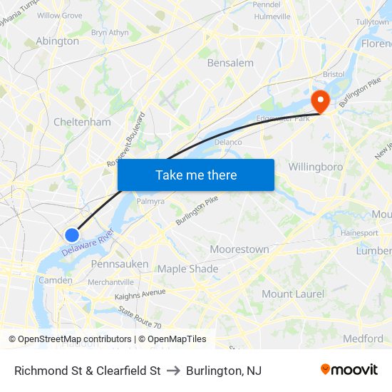 Richmond St & Clearfield St to Burlington, NJ map