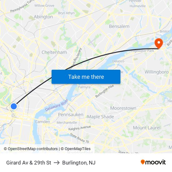Girard Av & 29th St to Burlington, NJ map