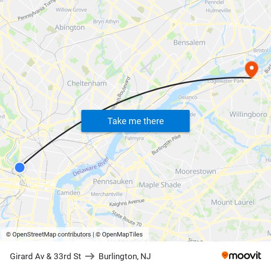 Girard Av & 33rd St to Burlington, NJ map