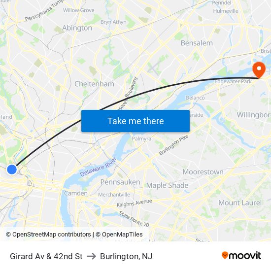 Girard Av & 42nd St to Burlington, NJ map