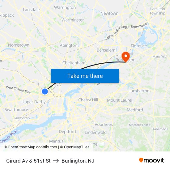 Girard Av & 51st St to Burlington, NJ map