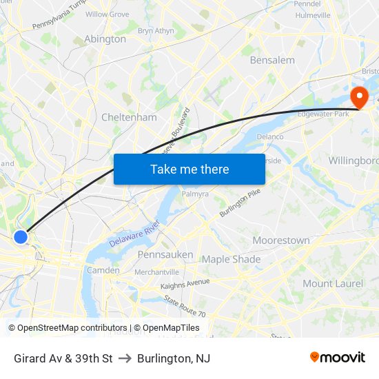 Girard Av & 39th St to Burlington, NJ map