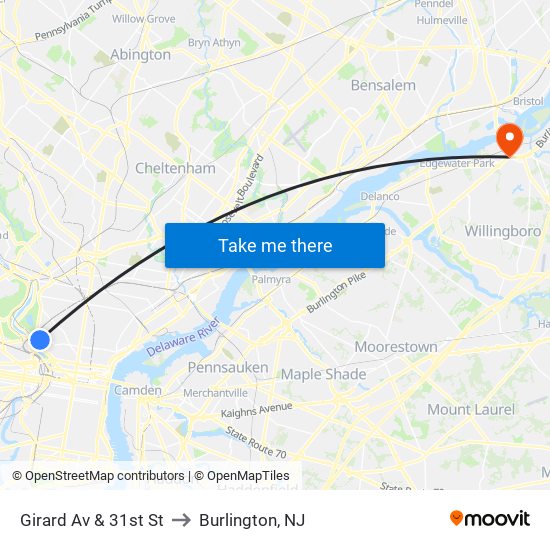 Girard Av & 31st St to Burlington, NJ map