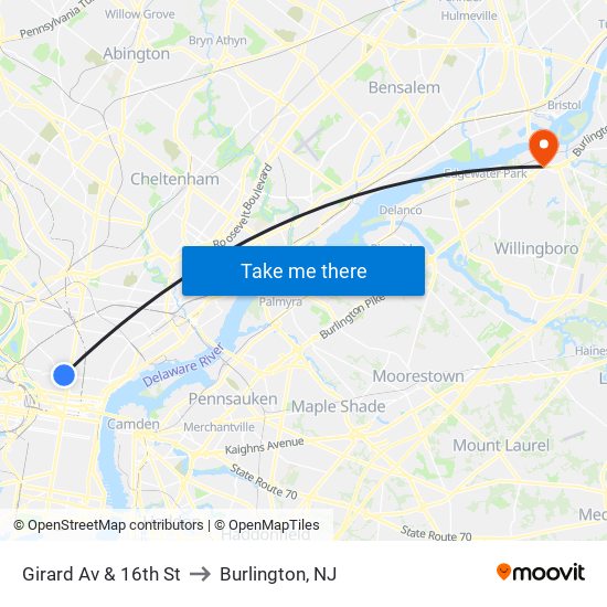 Girard Av & 16th St to Burlington, NJ map