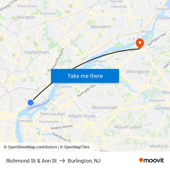 Richmond St & Ann St to Burlington, NJ map