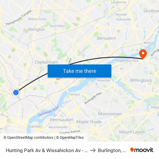 Hunting Park Av & Wissahickon Av - FS to Burlington, NJ map