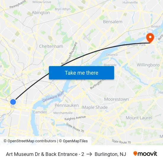 Art Museum Dr & Back Entrance - 2 to Burlington, NJ map