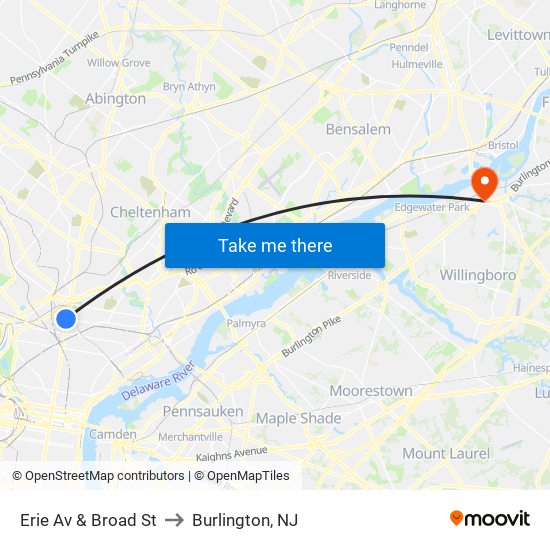 Erie Av & Broad St to Burlington, NJ map