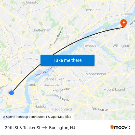 20th St & Tasker St to Burlington, NJ map