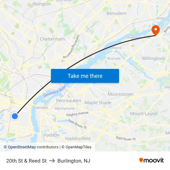 20th St & Reed St to Burlington, NJ map