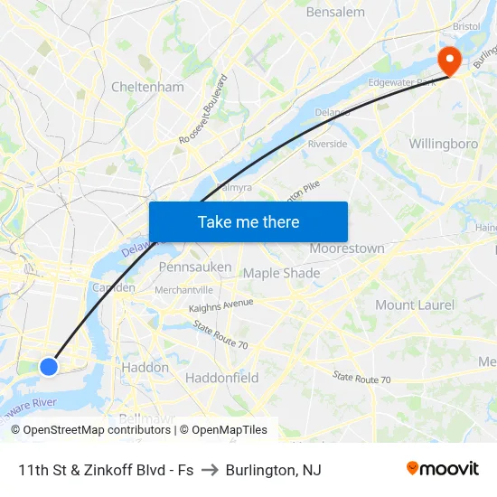 11th St & Zinkoff Blvd - Fs to Burlington, NJ map