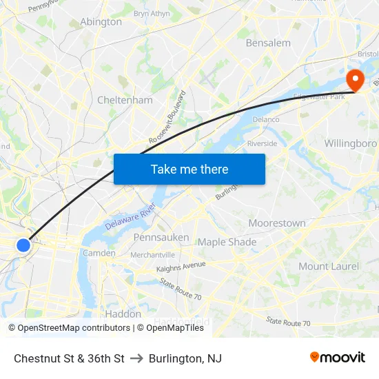 Chestnut St & 36th St to Burlington, NJ map