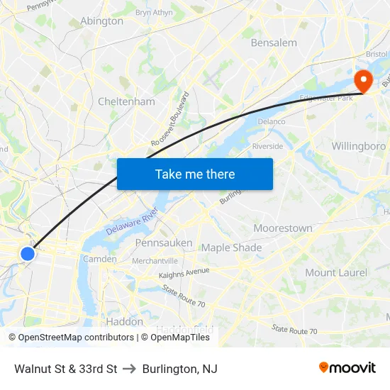 Walnut St & 33rd St to Burlington, NJ map