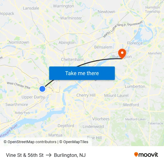 Vine St & 56th St to Burlington, NJ map