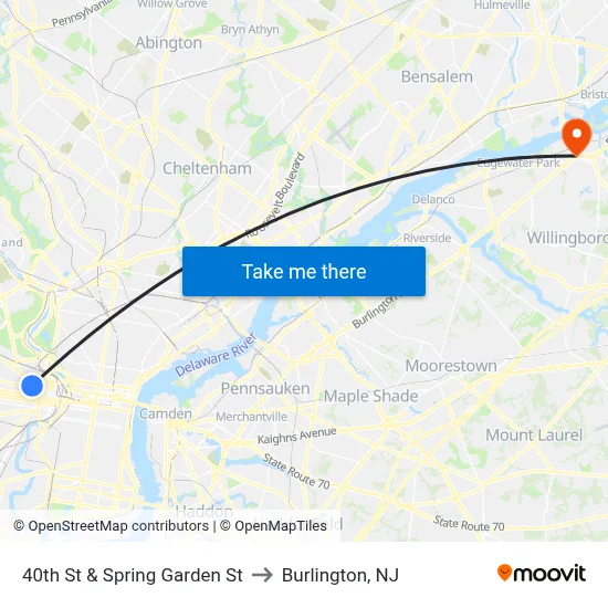 40th St & Spring Garden St to Burlington, NJ map