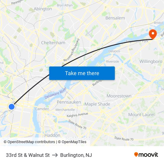 33rd St & Walnut St to Burlington, NJ map