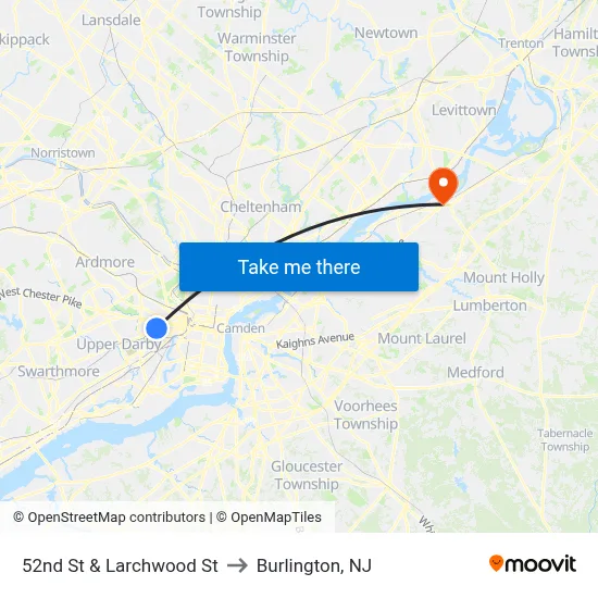 52nd St & Larchwood St to Burlington, NJ map
