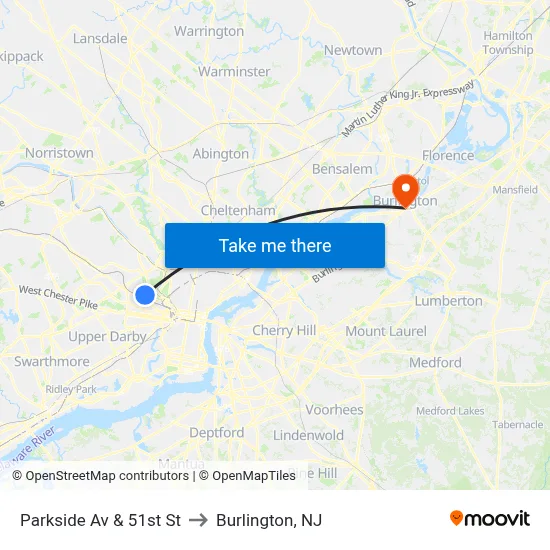 Parkside Av & 51st St to Burlington, NJ map