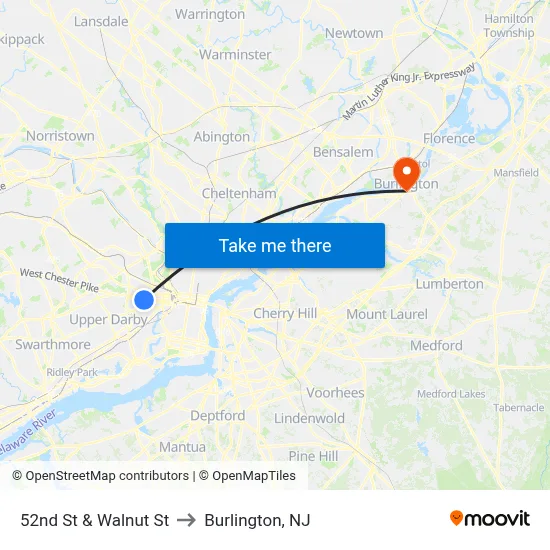 52nd St & Walnut St to Burlington, NJ map